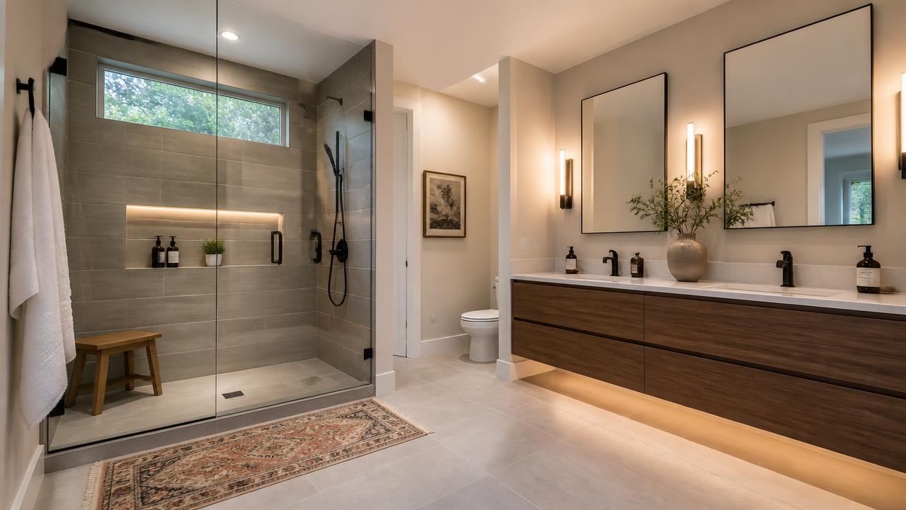 Remodeled bathroom with a tiled walk-in shower and floating double vanity