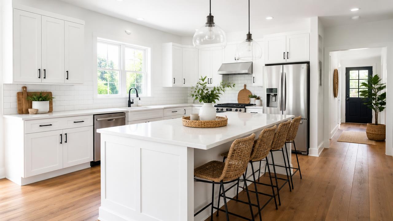Remodeled kitchen with white cabinets, quartz counters and an island